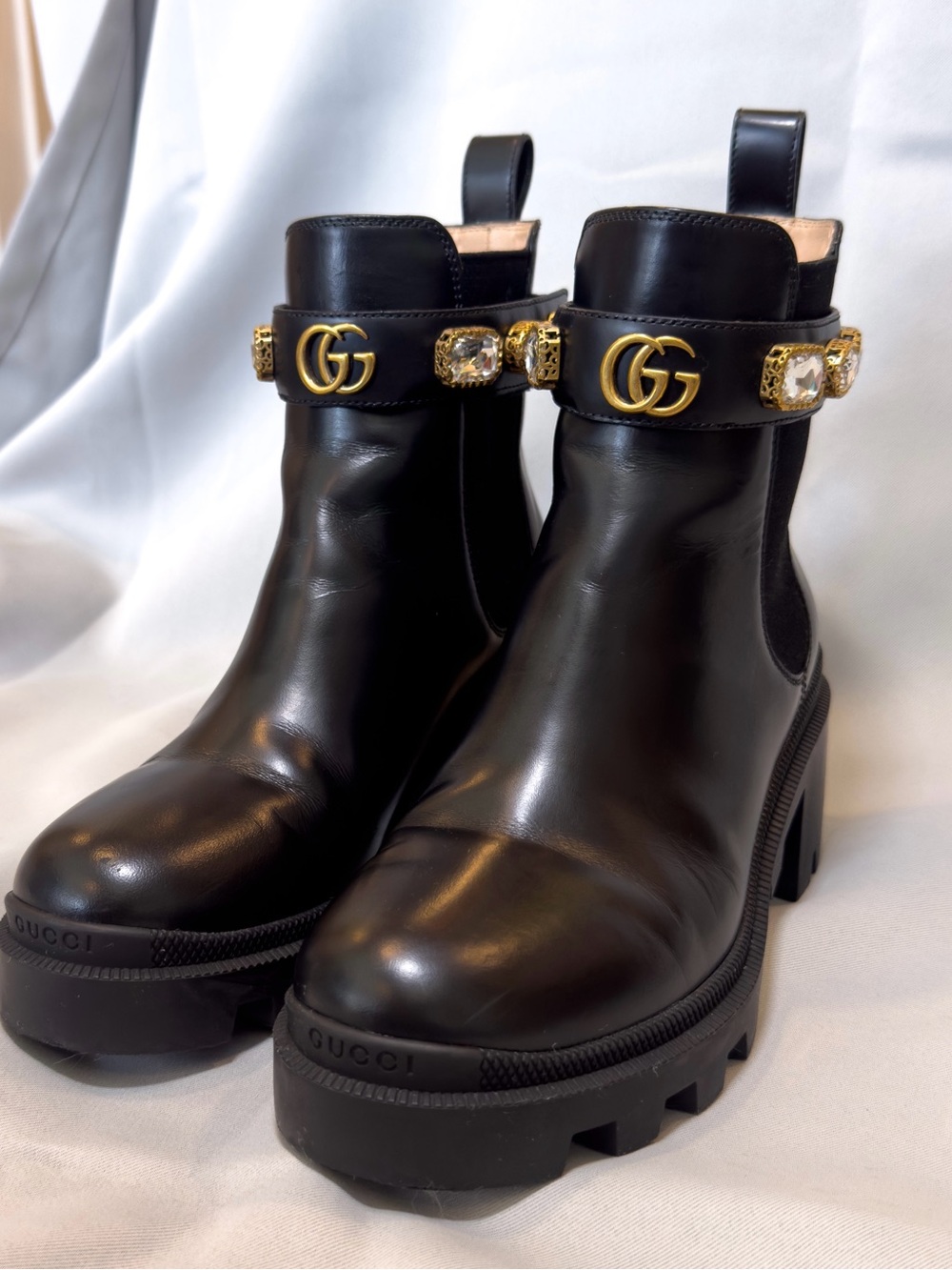 Gucci Black Trip Leather Platform Ankle Boots with Gold GG and Jewel Accents